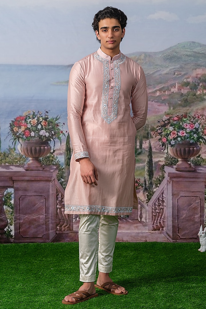 Pink Chanderi Silk Kurta Set by HOUSE OF KOA