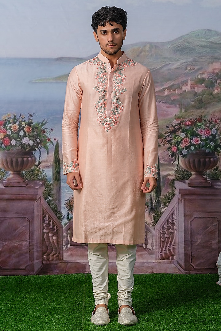 Pink Chanderi Silk Kurta Set by HOUSE OF KOA