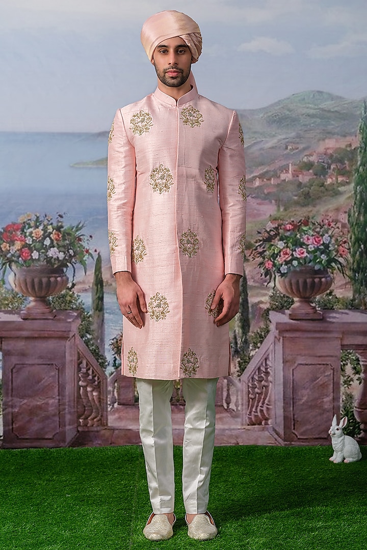 Pink Raw Silk Wedding Sherwani Set by HOUSE OF KOA at Pernia's Pop Up Shop