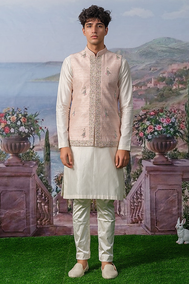 Pink Pure Silk Nehru Jacket Set by HOUSE OF KOA