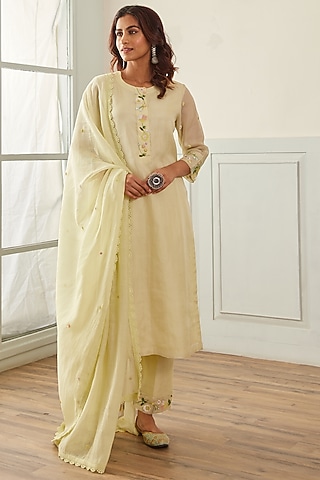 Lime Green Organza French Knot & Sequins Embellished Straight Kurta Set by House of Pink