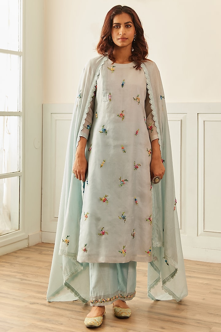 Powder Blue Organza French Knot & Sequins Embellished Straight Kurta Set by House of Pink at Pernia's Pop Up Shop