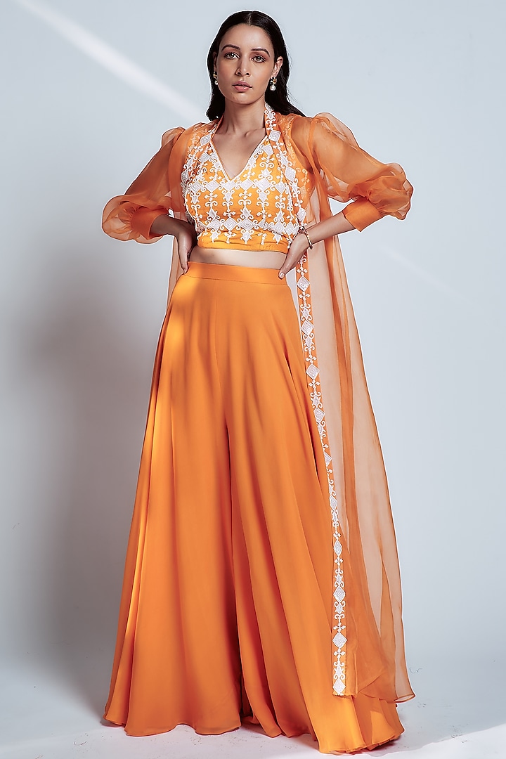 Orange Hand Embroidered Cape Set by House of Pink