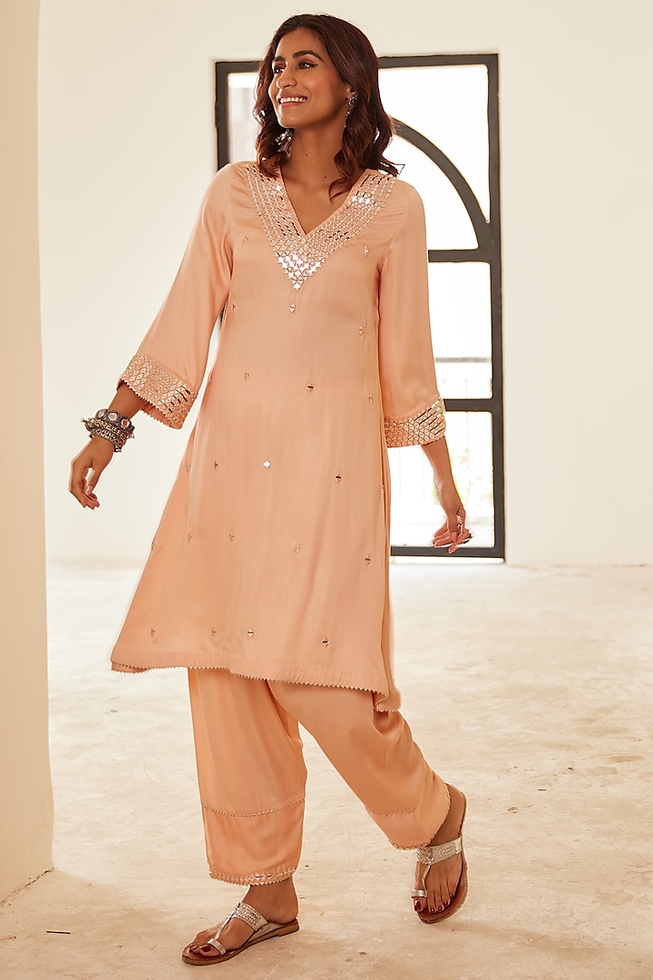 Peach Cotton Satin Mirror Embellished A-Line Kurta Set by House of Pink at Pernia's Pop Up Shop