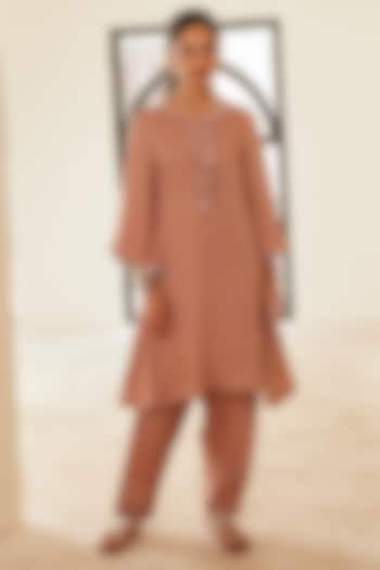 Brown Cotton Satin Mirror Embellished A-Line Kurta Set by House of Pink at Pernia's Pop Up Shop