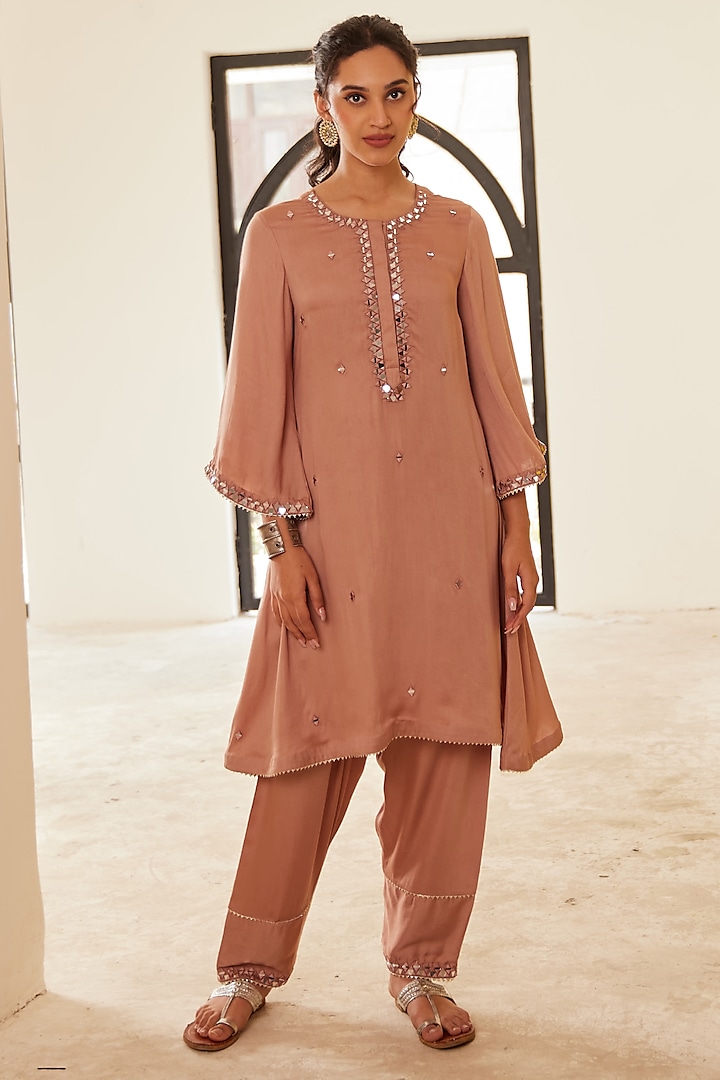 Brown Cotton Satin Mirror Embellished A-Line Kurta Set by House of Pink at Pernia's Pop Up Shop