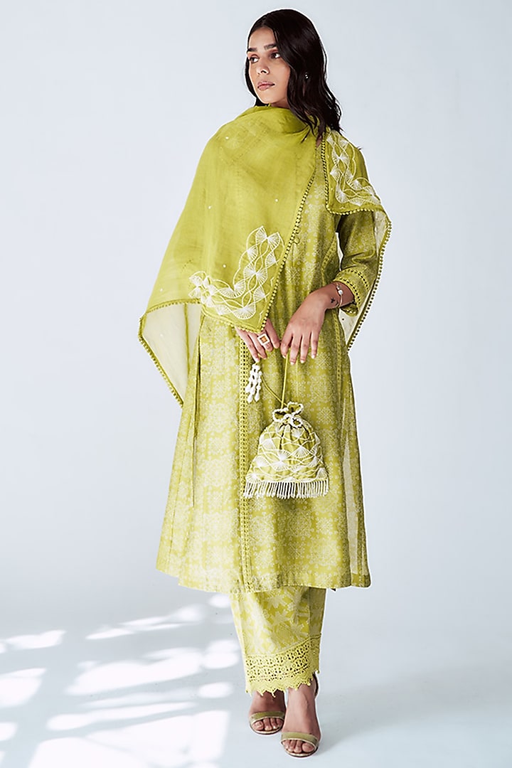 Green Chanderi Printed Kurta Set by House of Pink