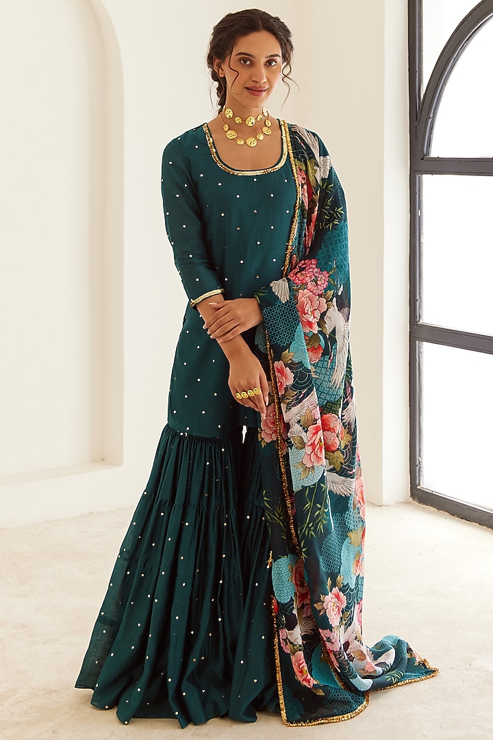 Green Chanderi Embroidered Party Wear Sharara Set by House of Pink at Pernia's Pop Up Shop