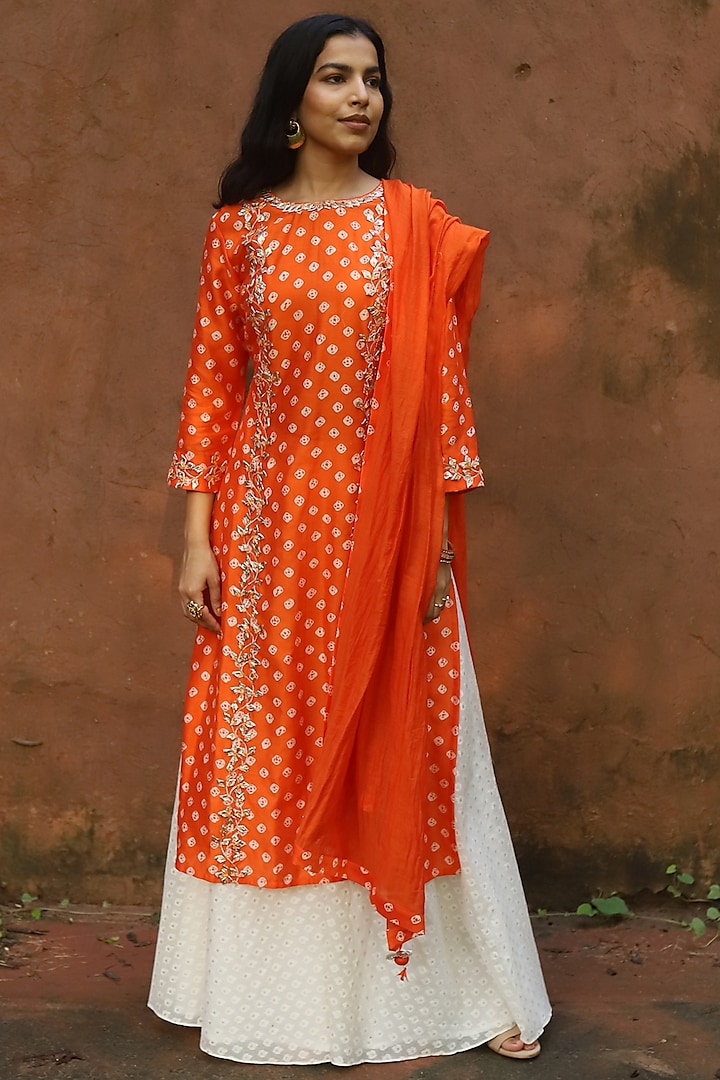 Orange Embroidered Bandhani Kurta Set by House of Pink