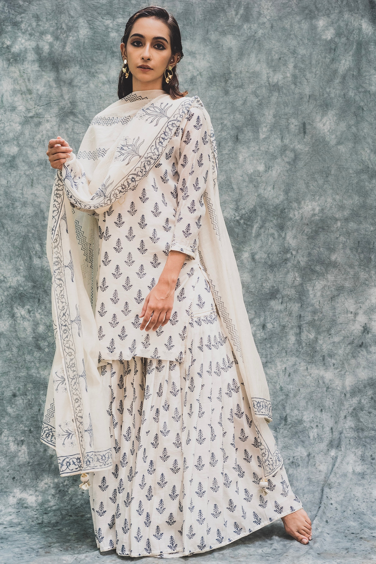 White Color Velvet Embroidered Choli with White Printed Layered Sharara  Pants