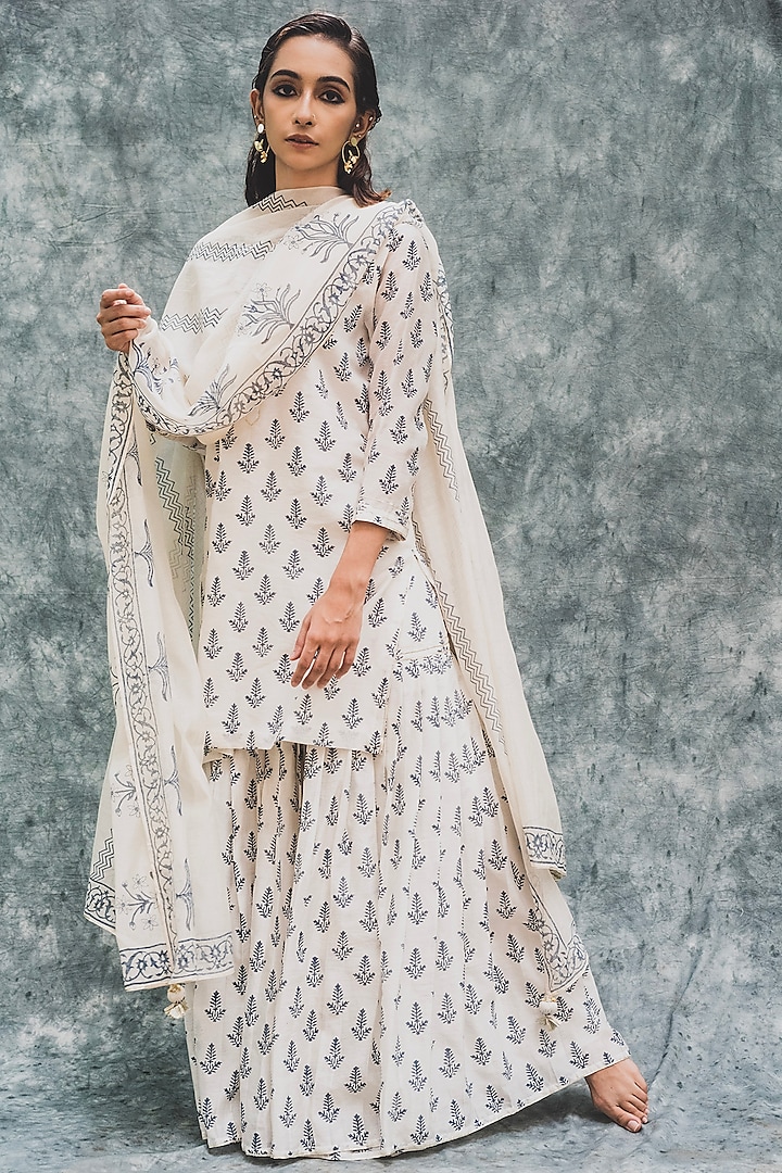 Off White Hand Block Printed Sharara Set by House of Pink