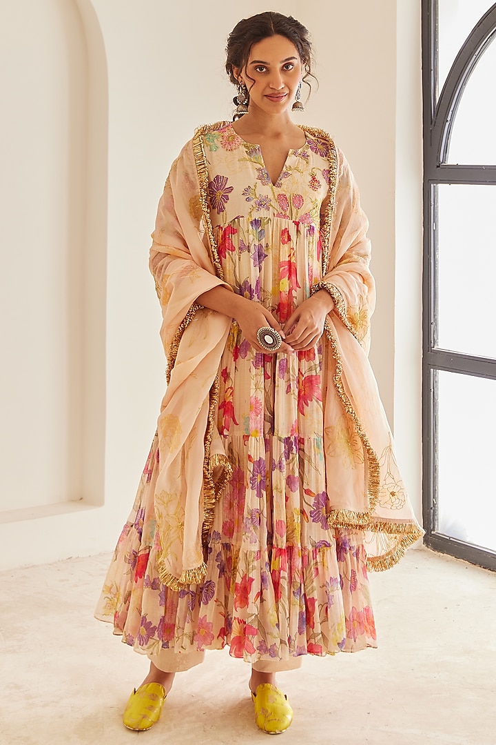 Peach Chanderi Floral Printed & Hand Embroidered Anarkali Set by House of Pink at Pernia's Pop Up Shop