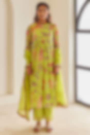 Lime Green Chanderi Floral Printed & Hand Embroidered Anarkali Set by House of Pink at Pernia's Pop Up Shop