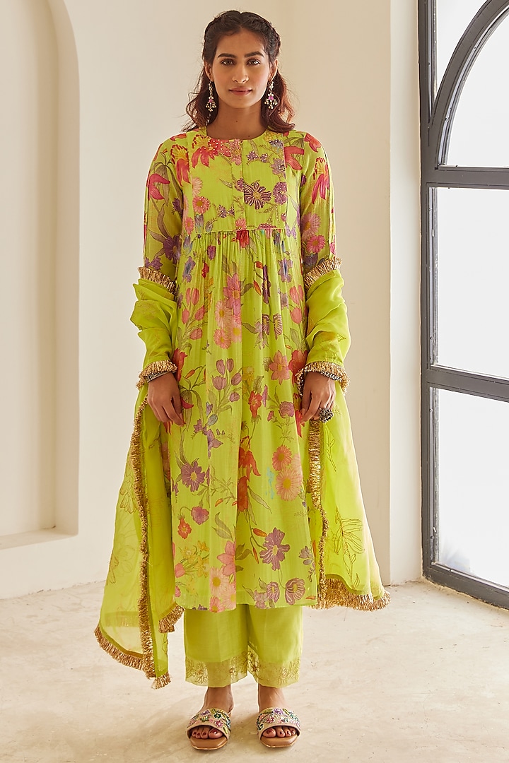 Lime Green Chanderi Floral Printed & Hand Embroidered Anarkali Set by House of Pink at Pernia's Pop Up Shop