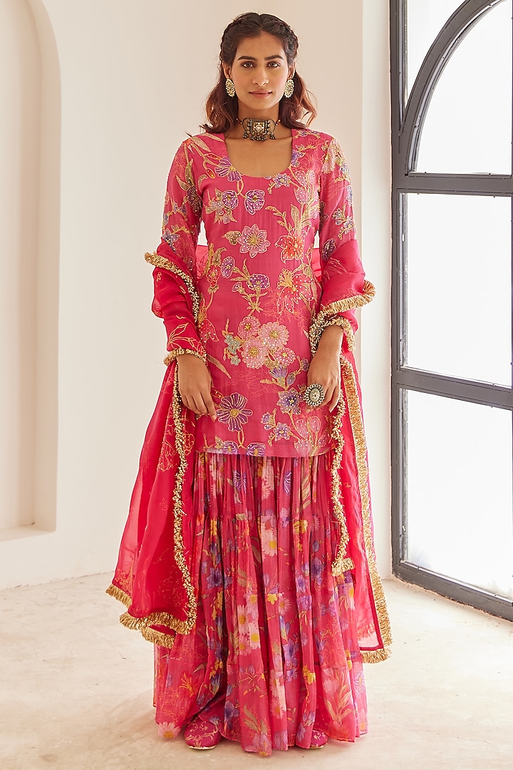 Pink Chanderi Printed Sharara Set by House of Pink at Pernia's Pop Up Shop