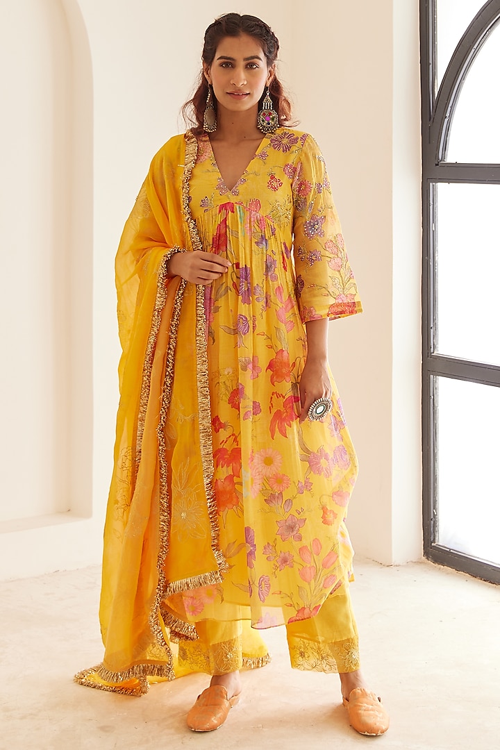 Yellow Chanderi Floral Printed & Hand Embroidered Anarkali Set by House of Pink at Pernia's Pop Up Shop