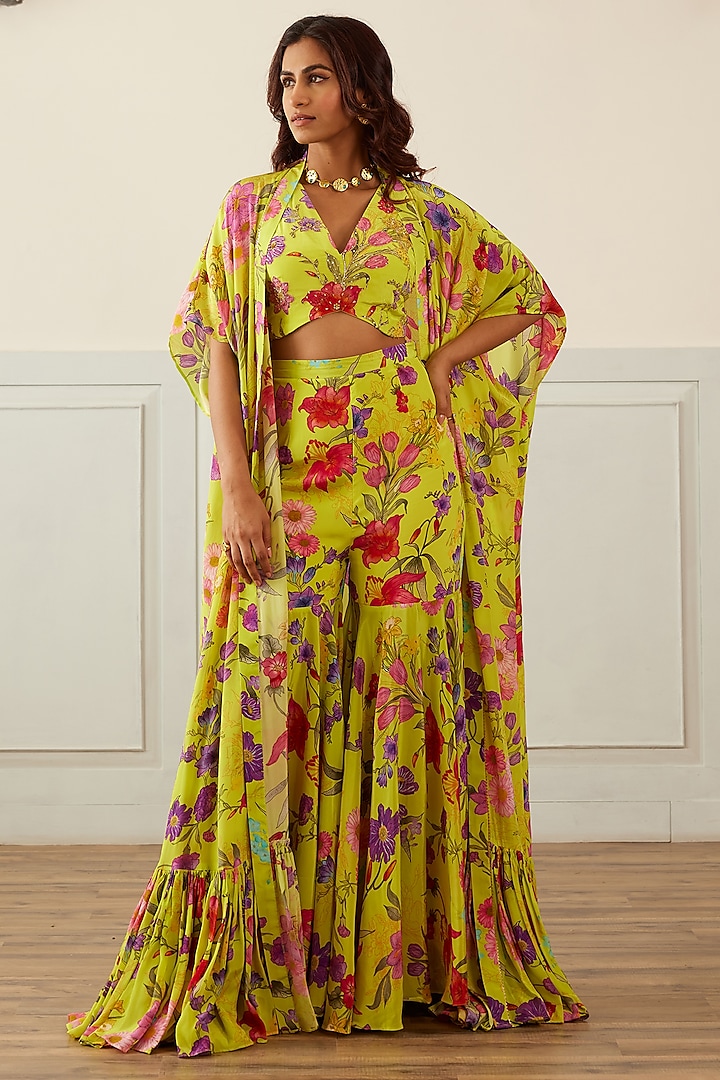 Lime Green Crepe Printed Cape Set by House of Pink