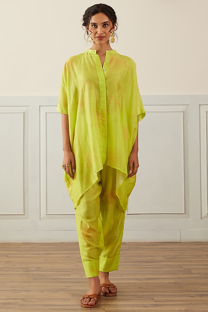 Lime Green Cotton Silk Printed Kaftan Set by House of Pink at Pernia's Pop Up Shop