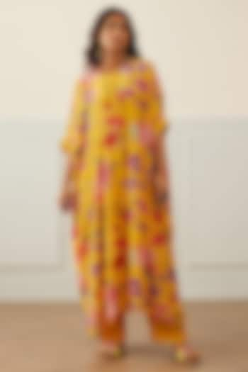 Yellow Organza Printed & Embellished Kaftan Set by House of Pink at Pernia's Pop Up Shop