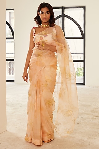 Peach Organza Printed & Hand Embroidered Saree Set by House of Pink