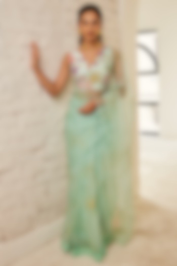 Powder Blue Organza Printed & Hand Embroidered Saree Set by House of Pink at Pernia's Pop Up Shop