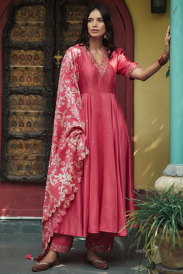French Fuchsia Hand Embroidered Kurta Set  by House of Pink