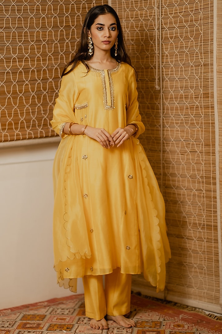 Yellow Chanderi Hand Embroidered A-Line Kurta Set by House of Pink