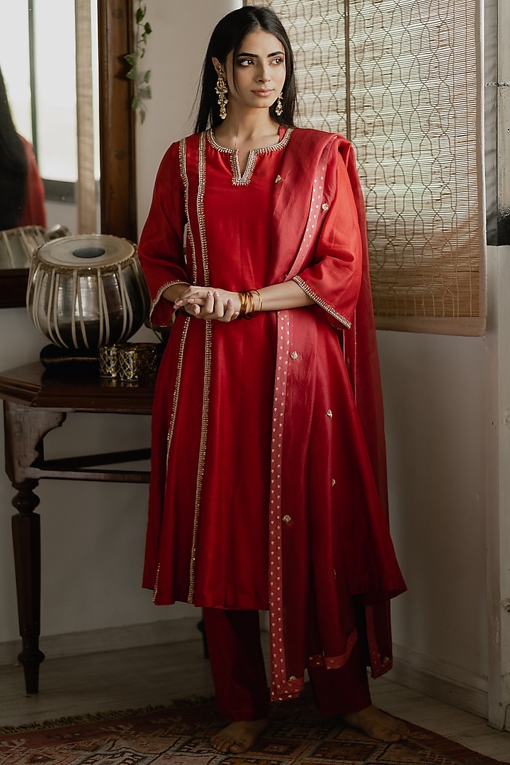 Cadmium Red Hand Embroidered A-Line Kurta Set by House of Pink