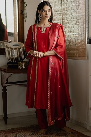 Cadmium Red Hand Embroidered A-Line Kurta Set by House of Pink