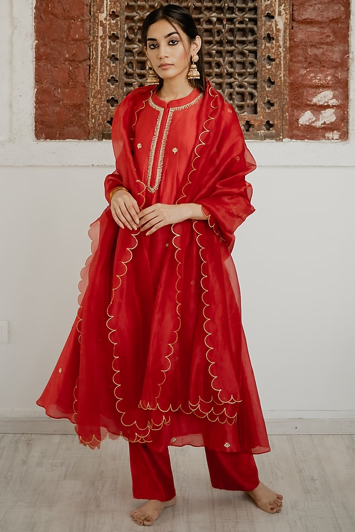 Cadmium Red Embroidered Flared Kurta Set by House of Pink