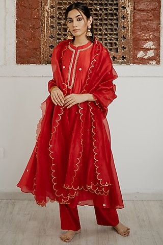 Cadmium Red Embroidered Flared Kurta Set by House of Pink