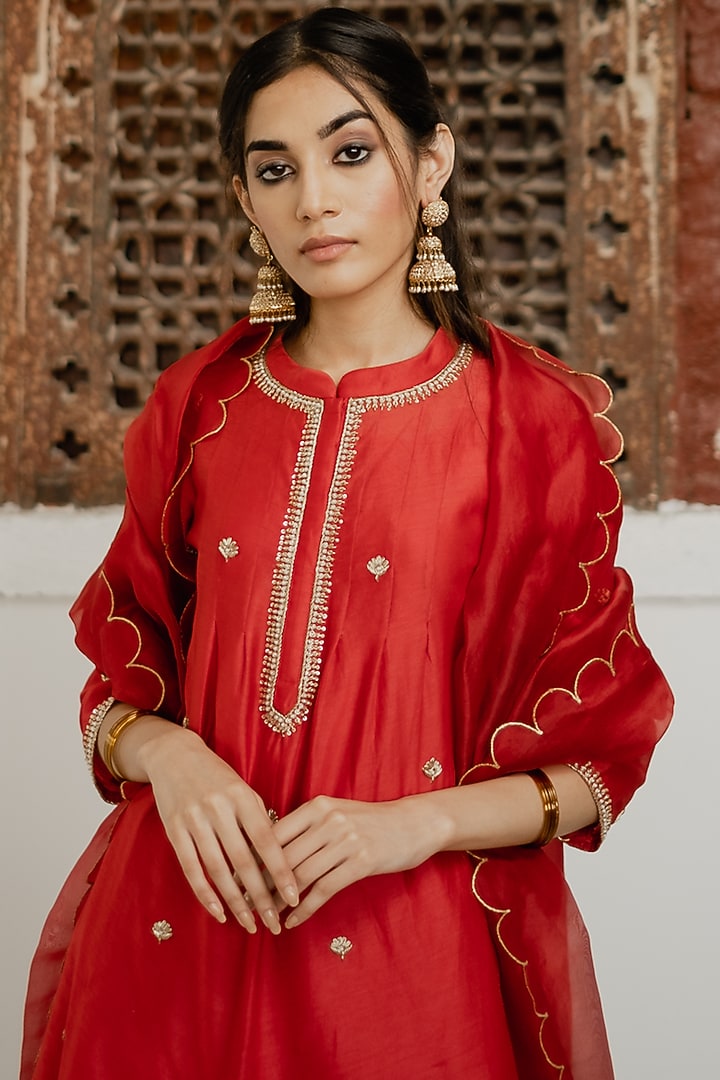 Cadmium Red Embroidered Flared Kurta Set by House of Pink at Pernia's Pop Up Shop