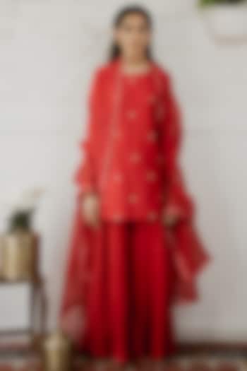 Cadmium Red Embroidered Short Kurta Set by House of Pink