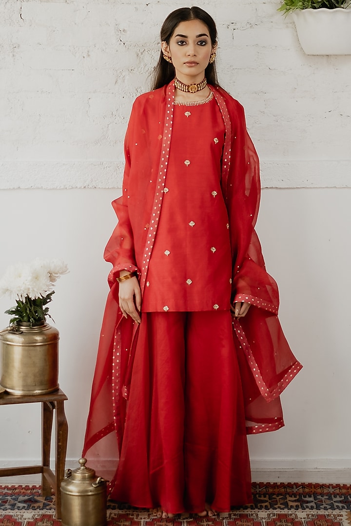 Cadmium Red Embroidered Short Kurta Set by House of Pink