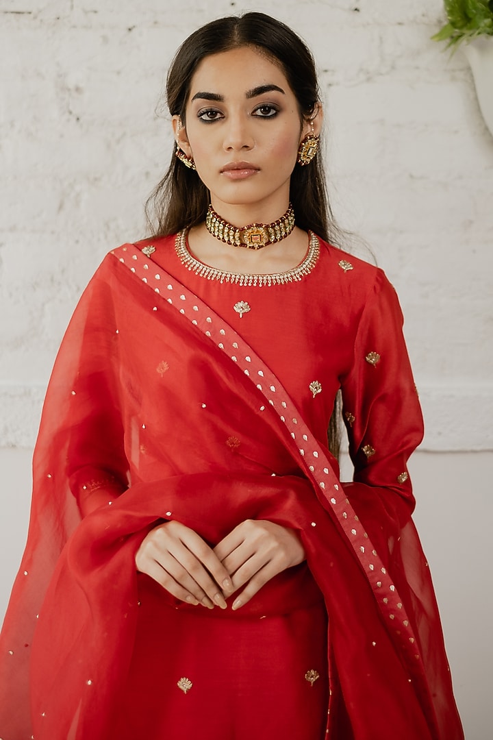Cadmium Red Embroidered Short Kurta Set by House of Pink at Pernia's Pop Up Shop