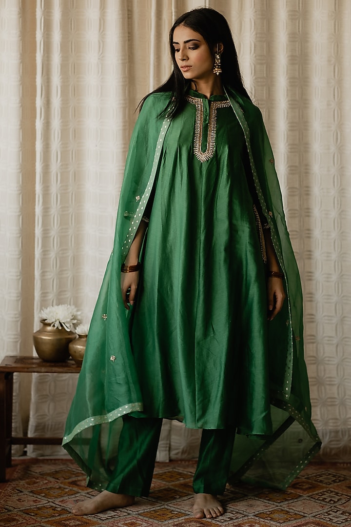 Forest Green Hand Embroidered Flared Long Kurta Set by House of Pink