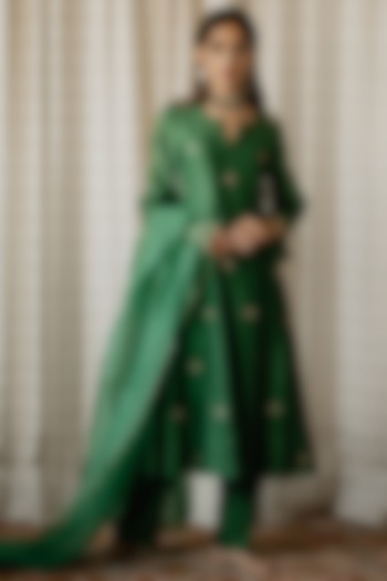 Forest Green Embroidered Flared Long Kurta Set by House of Pink