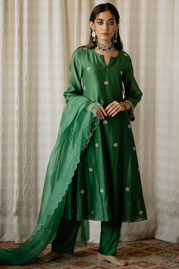 Forest Green Embroidered Flared Long Kurta Set by House of Pink