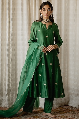 Forest Green Embroidered Flared Long Kurta Set by House of Pink