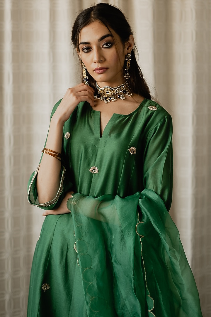 Forest Green Embroidered Flared Long Kurta Set by House of Pink at Pernia's Pop Up Shop