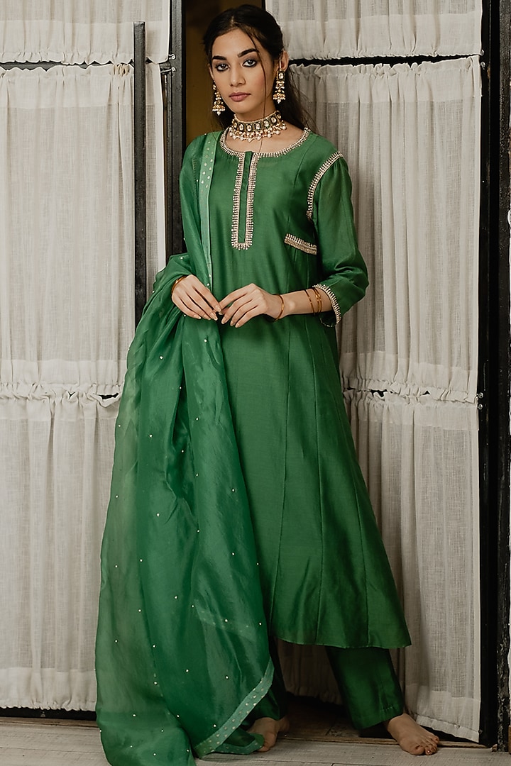 Forest Green Zardosi Embroidered A-Line Kurta Set by House of Pink