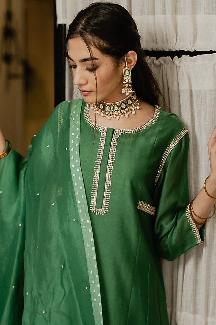 Forest Green Zardosi Embroidered A-Line Kurta Set by House of Pink at Pernia's Pop Up Shop