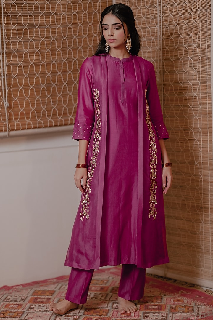 Wine Hand Embroidered Kurta Set by House of Pink