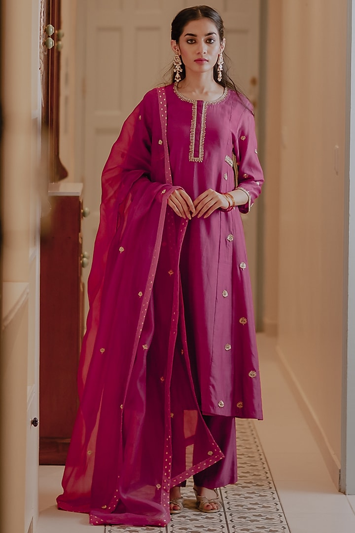 Wine Embroidered A-Line Kurta Set by House of Pink