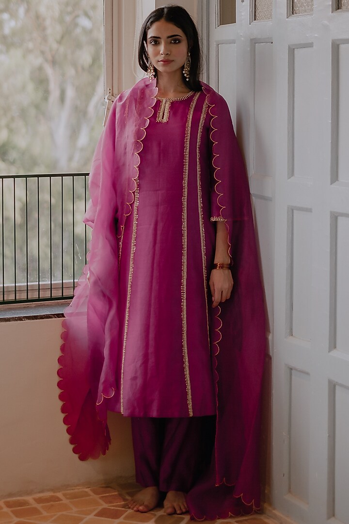 Wine Hand Embroidered A-Line Long Kurta Set by House of Pink