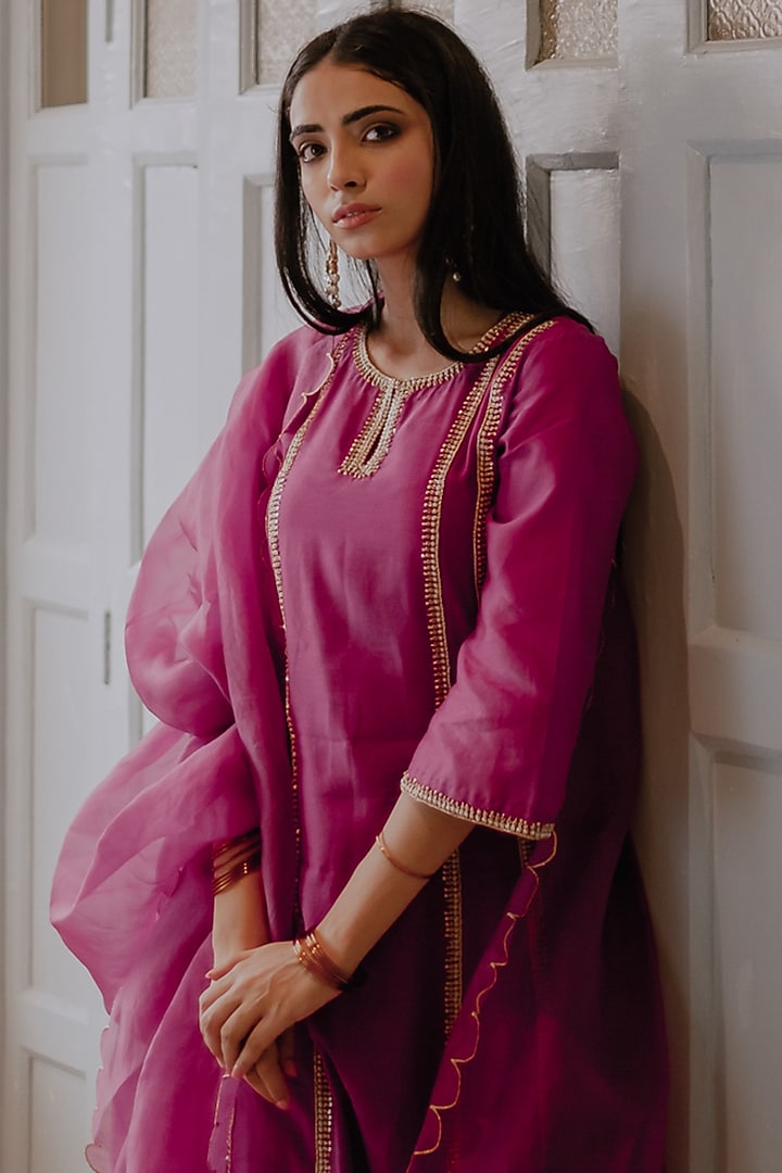 Wine Hand Embroidered A-Line Long Kurta Set by House of Pink at Pernia's Pop Up Shop
