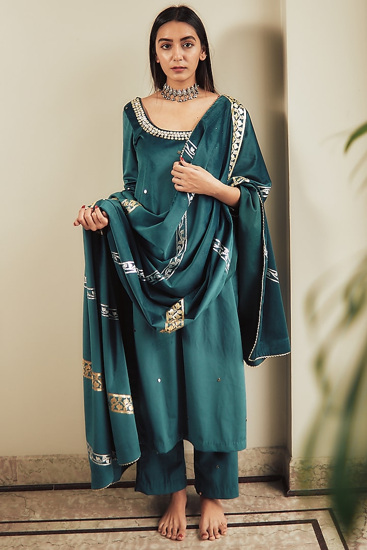Sea Green Embroidered Kurta Set by House of Pink