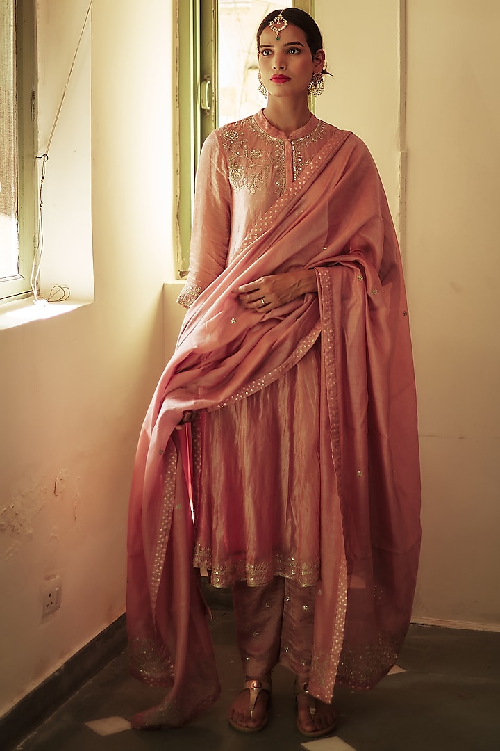 Blush Pink Embroidered A-Line Kurta Set by House of Pink