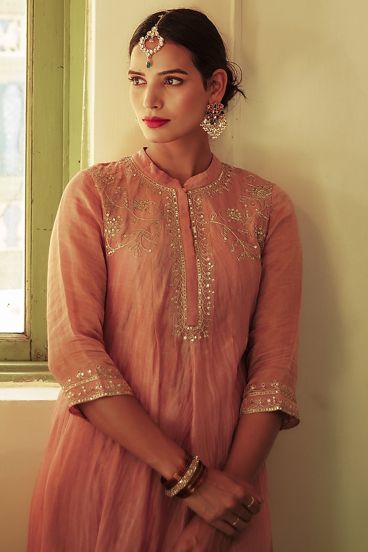 Blush Pink Embroidered A-Line Kurta Set by House of Pink at Pernia's Pop Up Shop