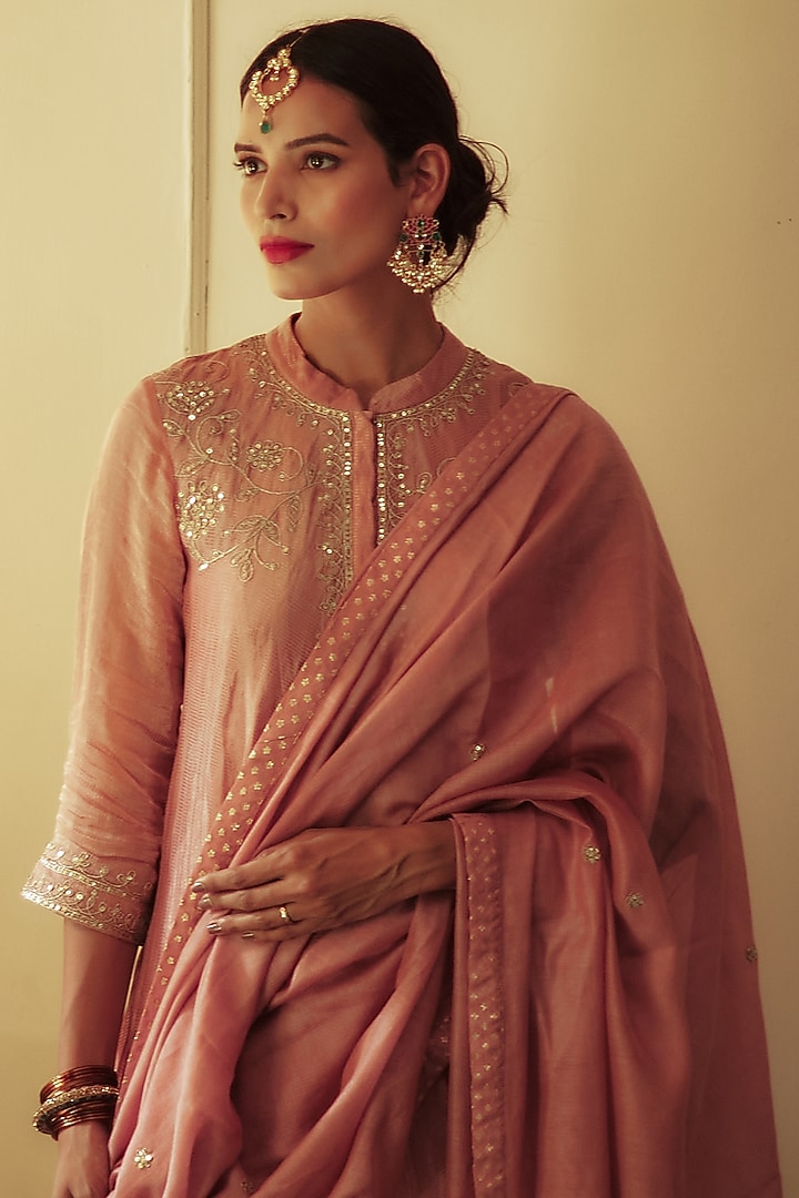 Blush Pink Embroidered A-Line Kurta Set by House of Pink at Pernia's Pop Up Shop